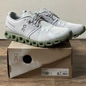 On Running Cloud 5 Sneakers in Light Gray and Olive.